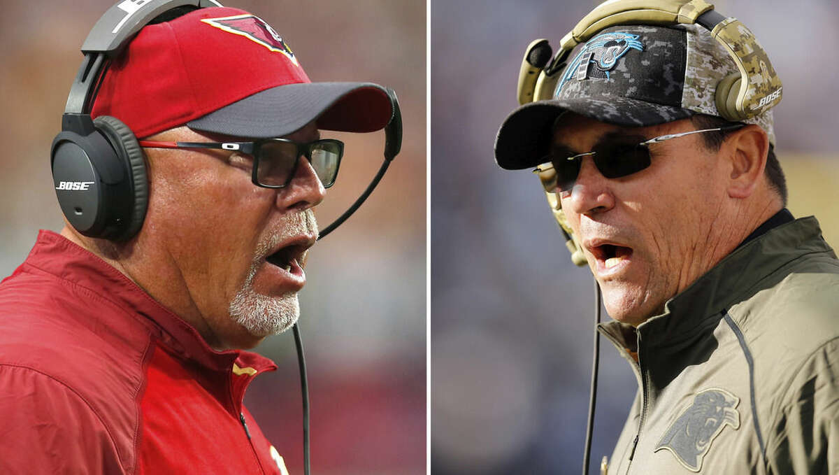 FILE - These are 2015 file photos showing Arizona Cardinals head coach Bruce Arians, left, and Carolina Panthers head coach Ron Rivera, right. Carolina and Arizona will meet in the NFC Championship game on Sunday, Jan. 24, 2016, in Charlotte, N.C. (AP Photo/File) Carolina and