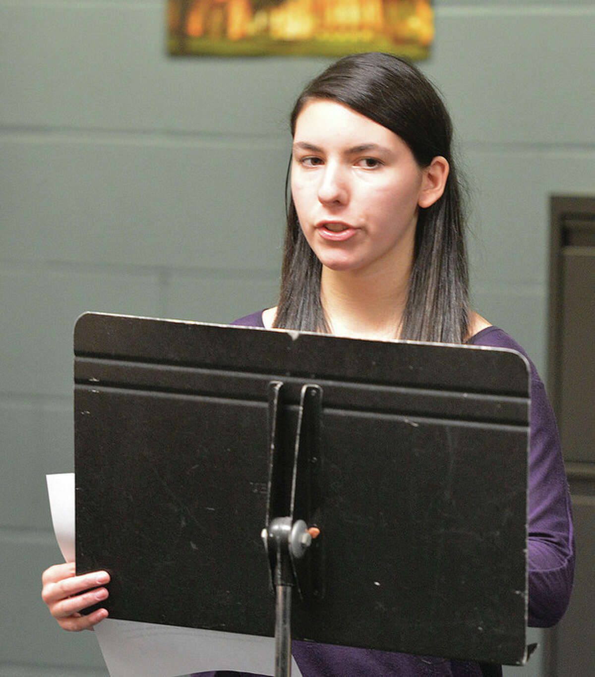 Hour Photo/Alex von Kleydorff Brien McMahon High School Junior Patricia Rodican speaks about the Center for Youth Leadership's involvement in National Human Trafficking Awareness Month.