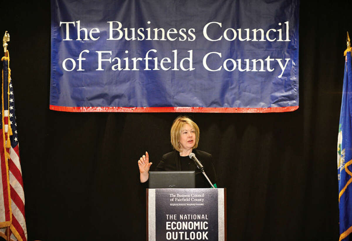 Hour photo / Erik Trautmann Rae Rosen, Vice President and Regional Economist, Federal Reserve Bank of New York, provides an in-depth look at the tri-state economic outlook, with special emphasis on Fairfield County during the Business Council of Fairfield County National Economic Outlook breakfast at the Stamford Marriot Wednesday morning.