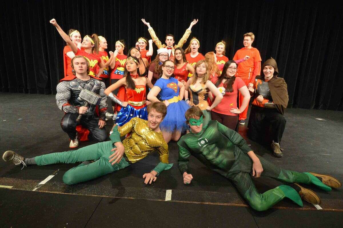 The cast of “Superheroes” join forces for Wilton High School’s Senior Class Show.