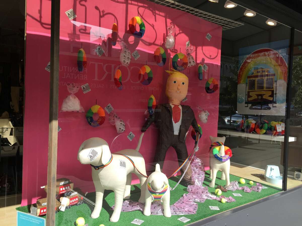 A window display at Best in Show on San Francisco's Castro St. is selling Dumps on Trump dog waste bags.