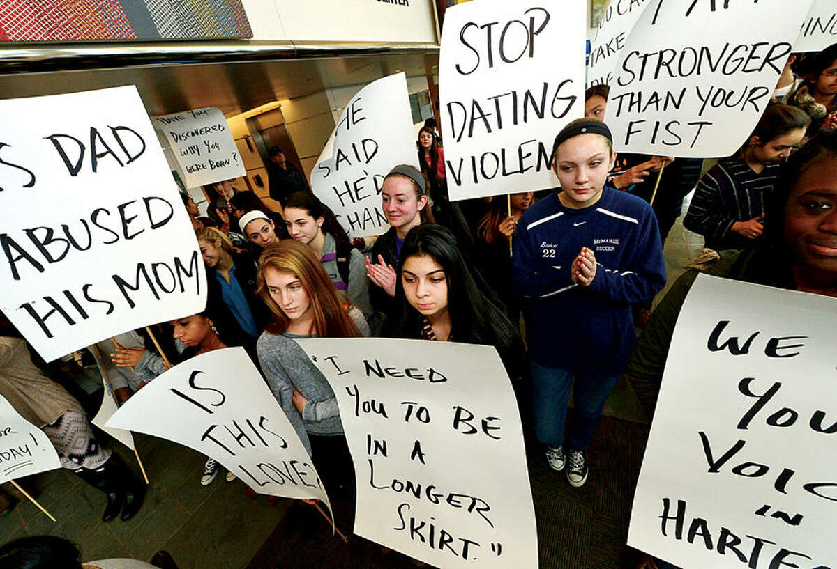 Hour photo / Erik Trautmann Over 50 students from Stamford and Norwalk turned out at a press Conference designating February as Teen Dating Violence Awareness Month at Stamford Government Center Thursday. The program was hosted by Stamford Youth Services Bureau and Center for Youth Leadership at Brien McMahon High. Speakers include students; Stamford mayor David Martin, Norwalk mayor Harry Rilling, State Representative William Tong and Sarah Egan, Connecticut's Child Advocate
