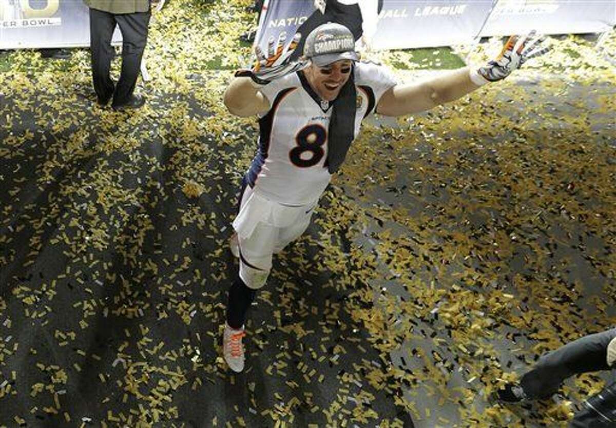 Denver Broncos’ Owen Daniels (81) celebrates after the NFL Super Bowl 50 football game against the Carolina Panthers Sunday, Feb. 7, 2016, in Santa Clara, Calif. The Broncos won 24-10. (AP Photo/Jeff Chiu)