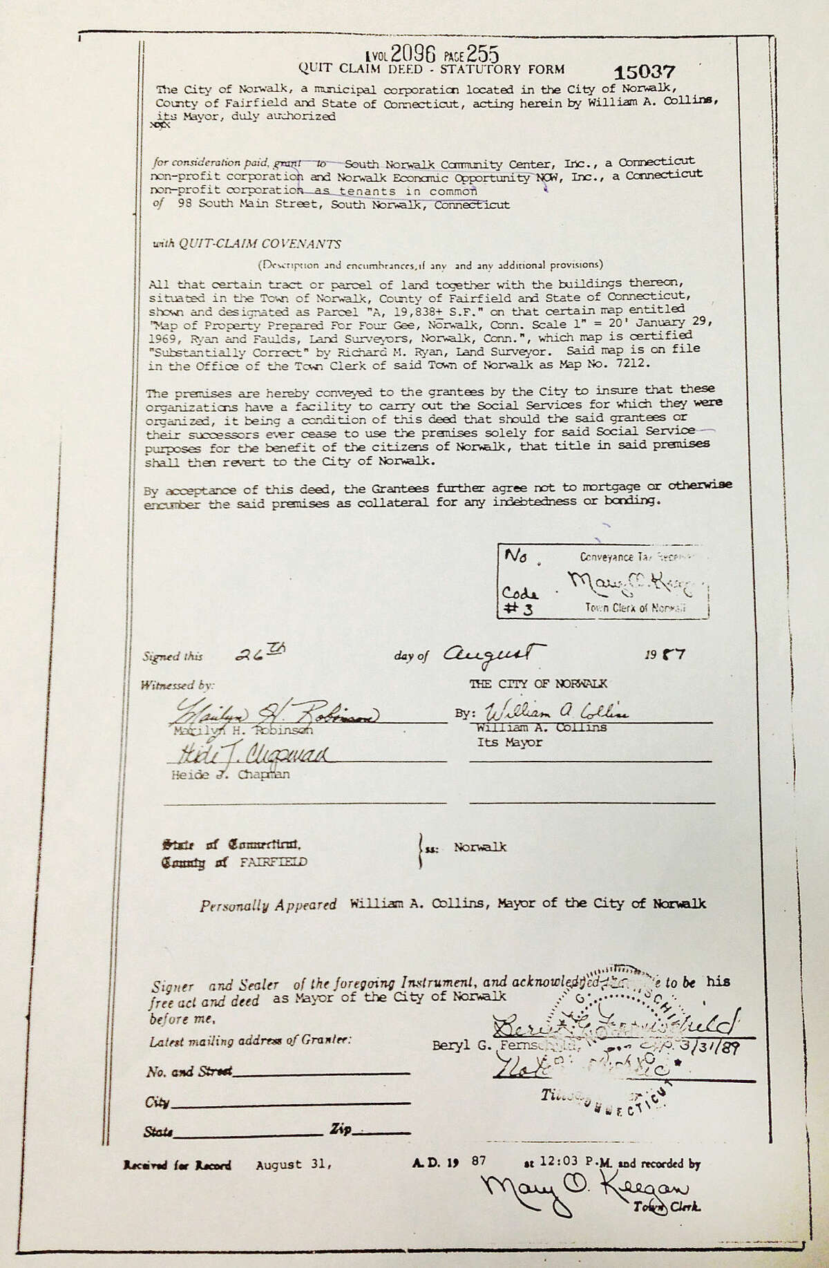 Contributed Part of the Quit Claim Deed for 98 South Main Street between the City of Norwalk and South Norwalk Community Center and Norwalk Economic Opportunity Now, signed in 1987.