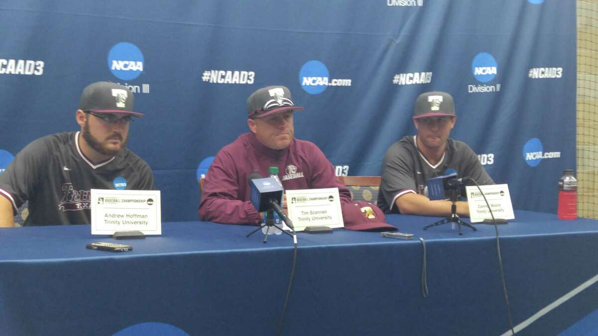 Andrew Hoffman, left, fields questions from the press - including his dad - during the post-game news conference.