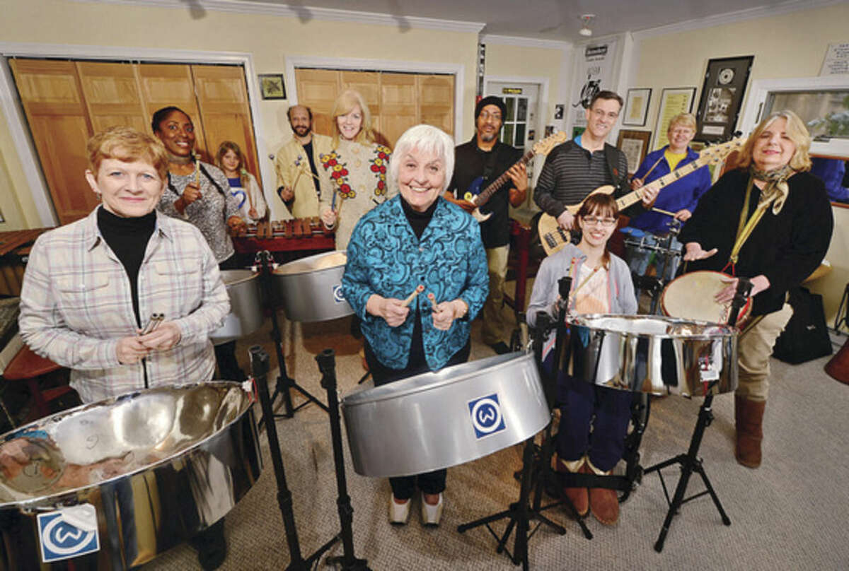 Members of the The Wilton Community Steel Drum Band, front row: Ellie Dwyer-Rigby, Darla Shaw, Alida Schefers, Karin Lewis-Cook. Back row: Donna Rogers-Jones, Isabella Jasinski, Arthur Lipner, Barbara Apuzzo, Robert Rogers, Peter Spung and Julie Wolfer. Not pictured: Stephen Blinder, and Dave McNamara. 