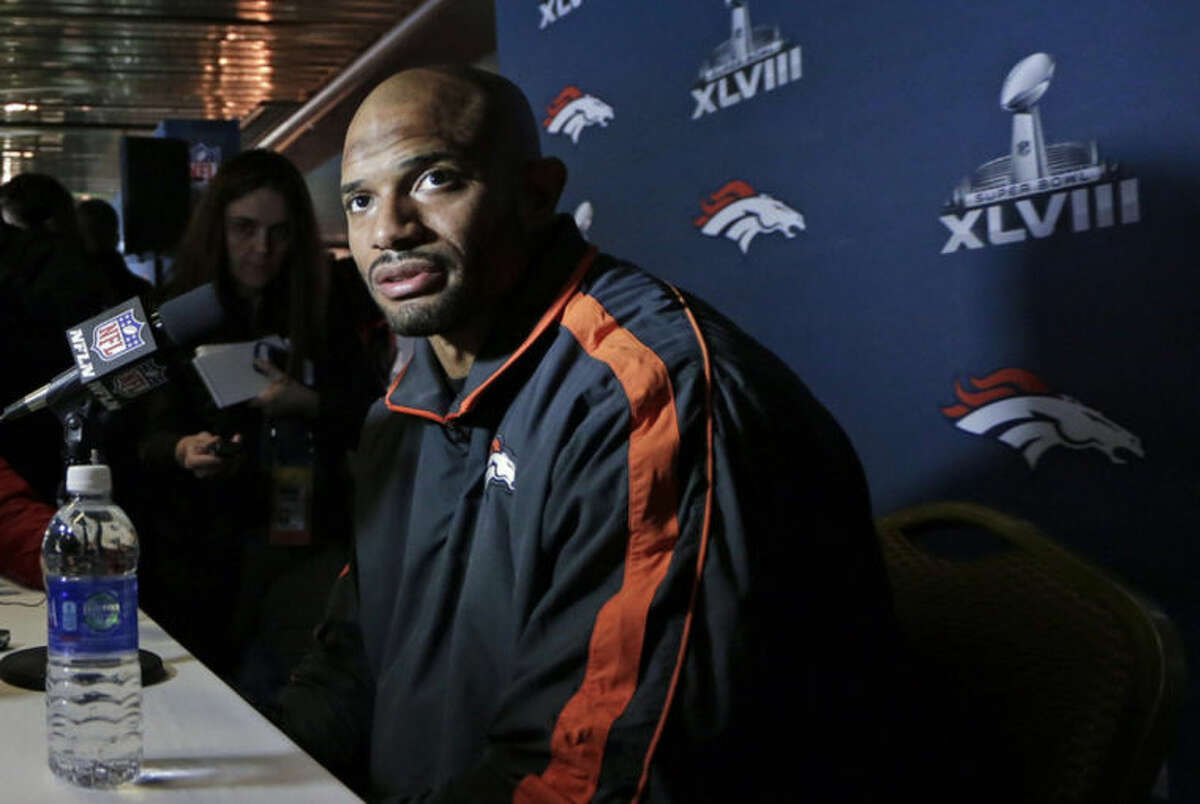 Denver Broncos linebacker Paris Lenon talks with reporters during a news conference Monday, Jan. 27, 2014, in Jersey City, N.J. The Broncos are scheduled to play the Seattle Seahawks in the NFL Super Bowl XLVIII football game Sunday, Feb. 2, in East Rutherford, N.J. (AP Photo/Mark Humphrey)
