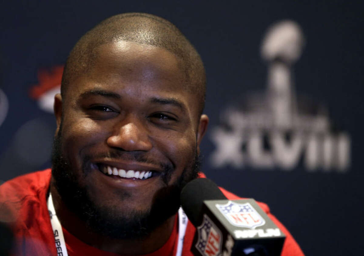 Seattle Seahawks fullback Michael Robinson smiles as he answers questions during a news conference Monday, Jan. 27, 2014, in Jersey City, N.J. The Seahawks and the Denver Broncos are scheduled to play in the Super Bowl XLVIII football game Sunday, Feb. 2, 2014. (AP Photo/Jeff Roberson)