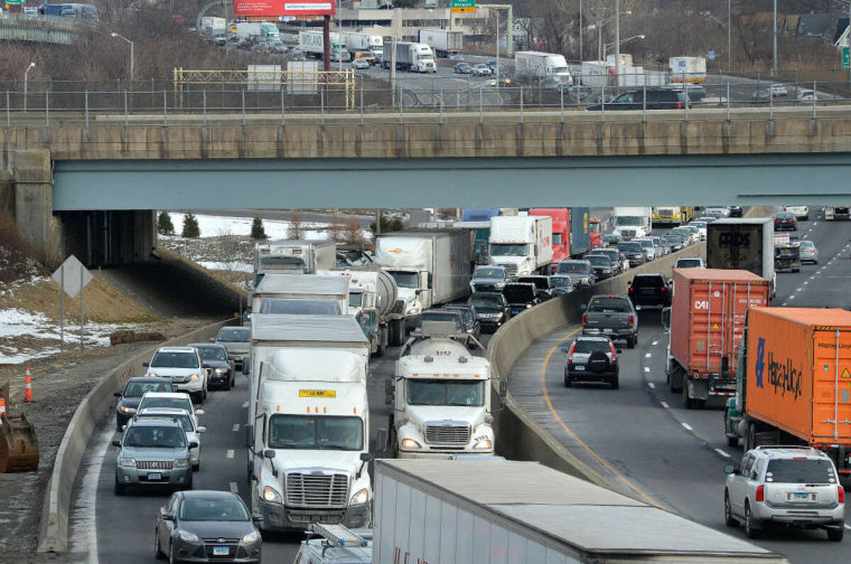 Hour Photo/Alex von Kleydorff . Southbound traffic in Norwalk is backed up for miles because of a water main that broke and flooded Interstate 95 south on Tuesday afternoon.