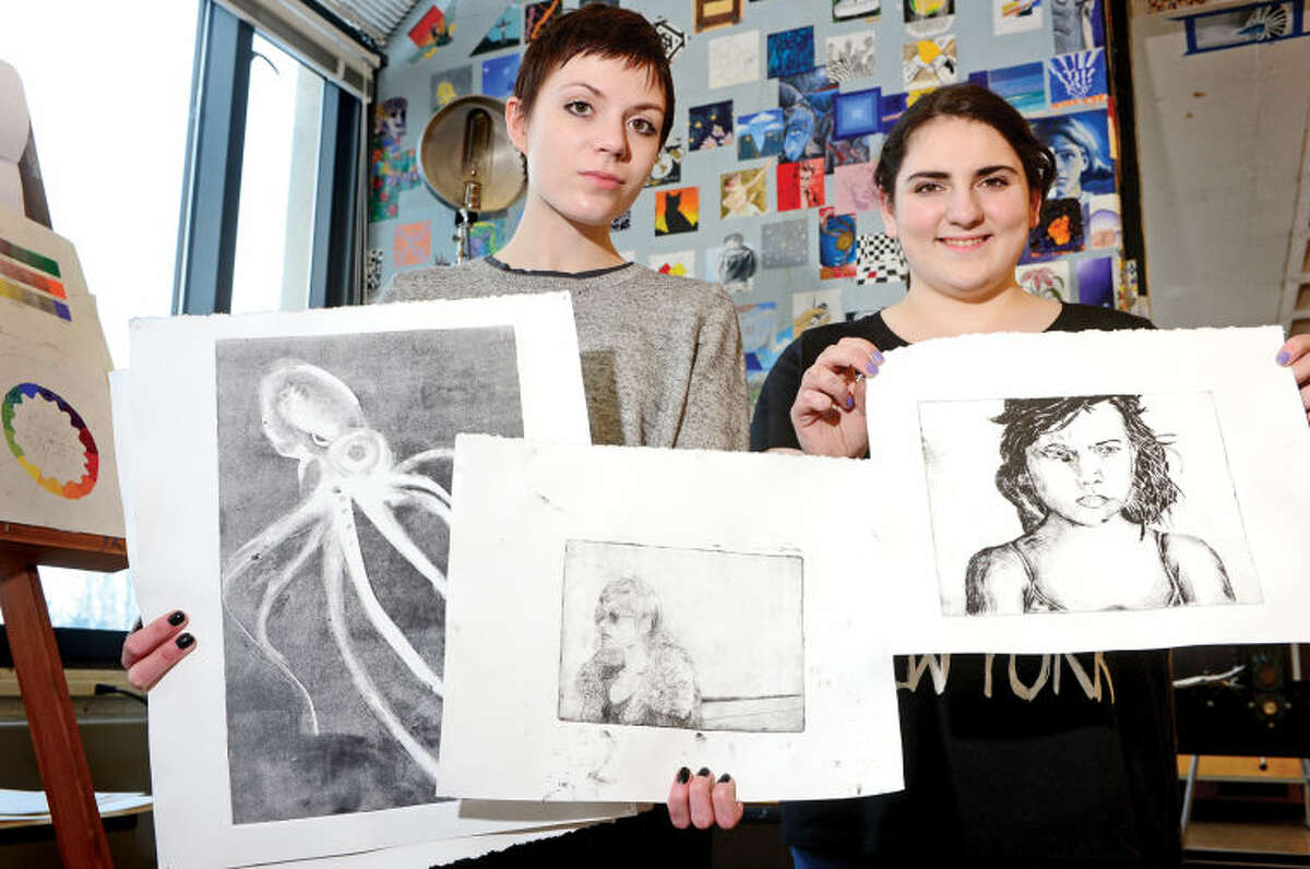 Hour photo / Erik Trautmann Norwalk High School students Rachel Welch and Catherine Robinson were winners in the Connecticut Scholastic Art Awards competition.