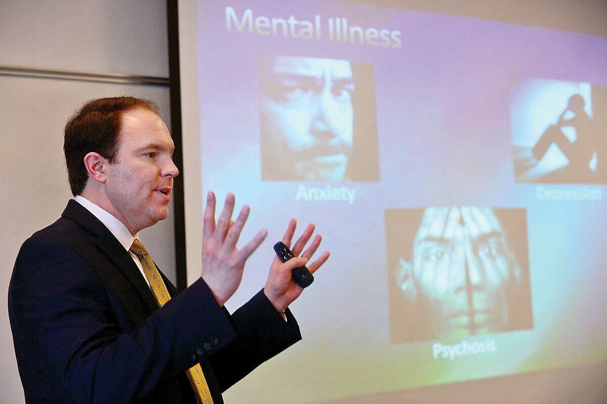 Hour photo / Erik Trautmann John Douglas, MD and Silver Hill Hospital Clinical Director of Outpatient Addiction Program, talks about marijuana use during the presentation, Not My Kid: What's Really Happening with Marijuana, Binge Drinking, and E-Cigarettes in Wilton, at the Wilton Library Tuesday morning.
