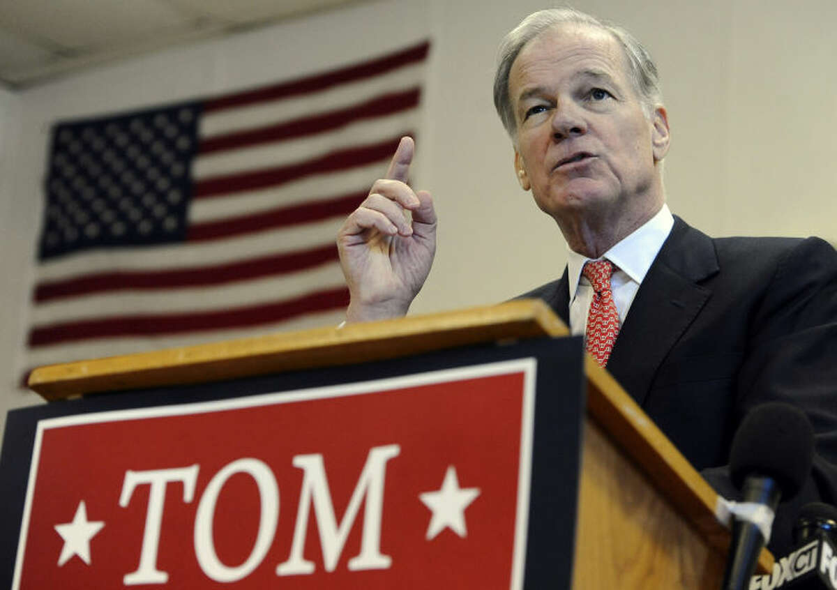 Tom Foley gestures during a news conference to announce he is running for governor, Wednesday, Jan. 29, 2014, in Waterbury, Conn. (AP Photo/Jessica Hill)