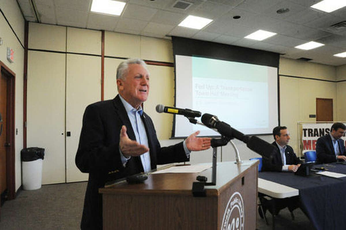 Norwalk Mayor Harry Rilling at the town hall meeting at the Norwalk Library on Sunday called "Fed Up" on current transportation issues in the Connecticut area, specifically in the Southern Fairfield County area. Hour photo/Matthew Vinci