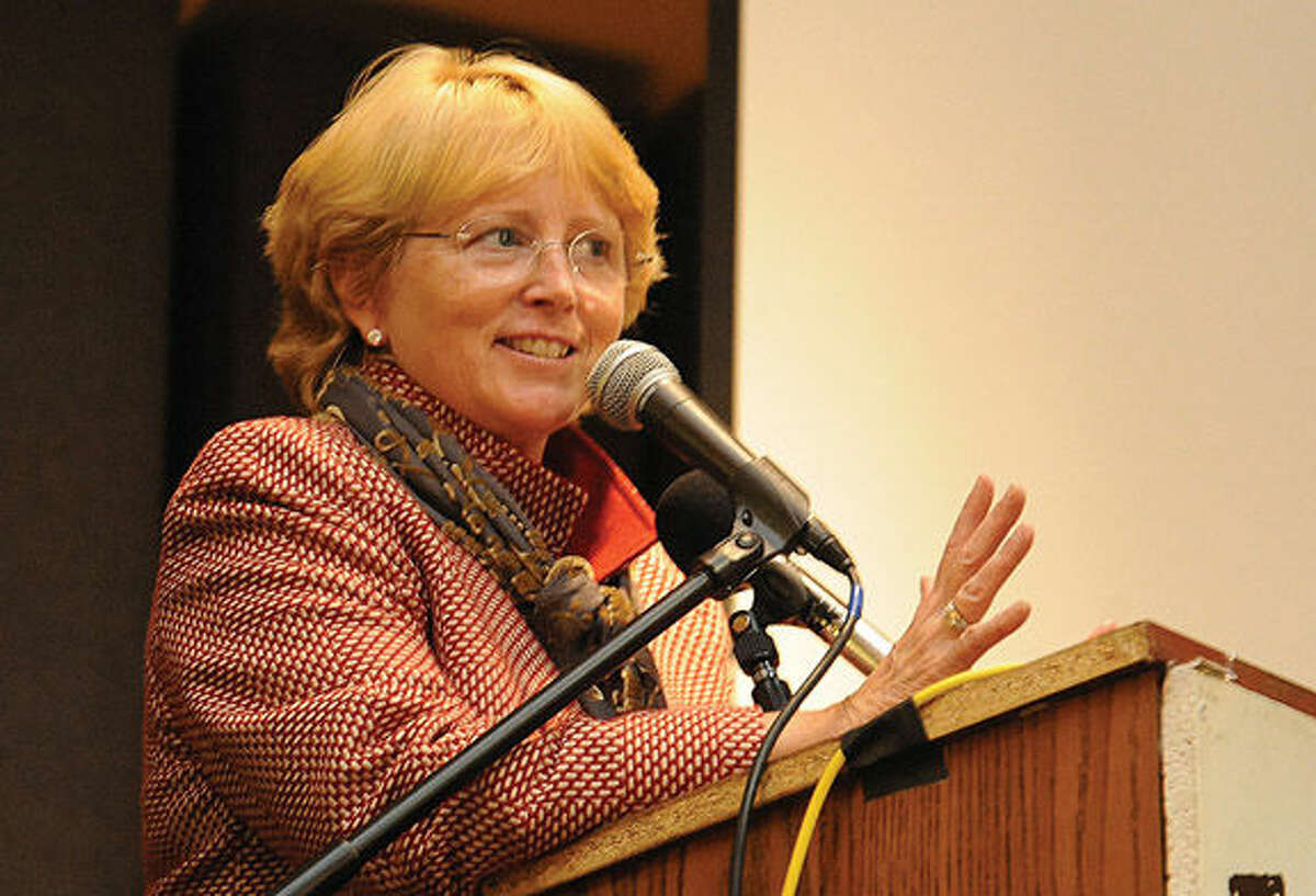 Lynne Vanderslice gives her victory speech Tuesday night at Trackside Teen Center in Wilton.