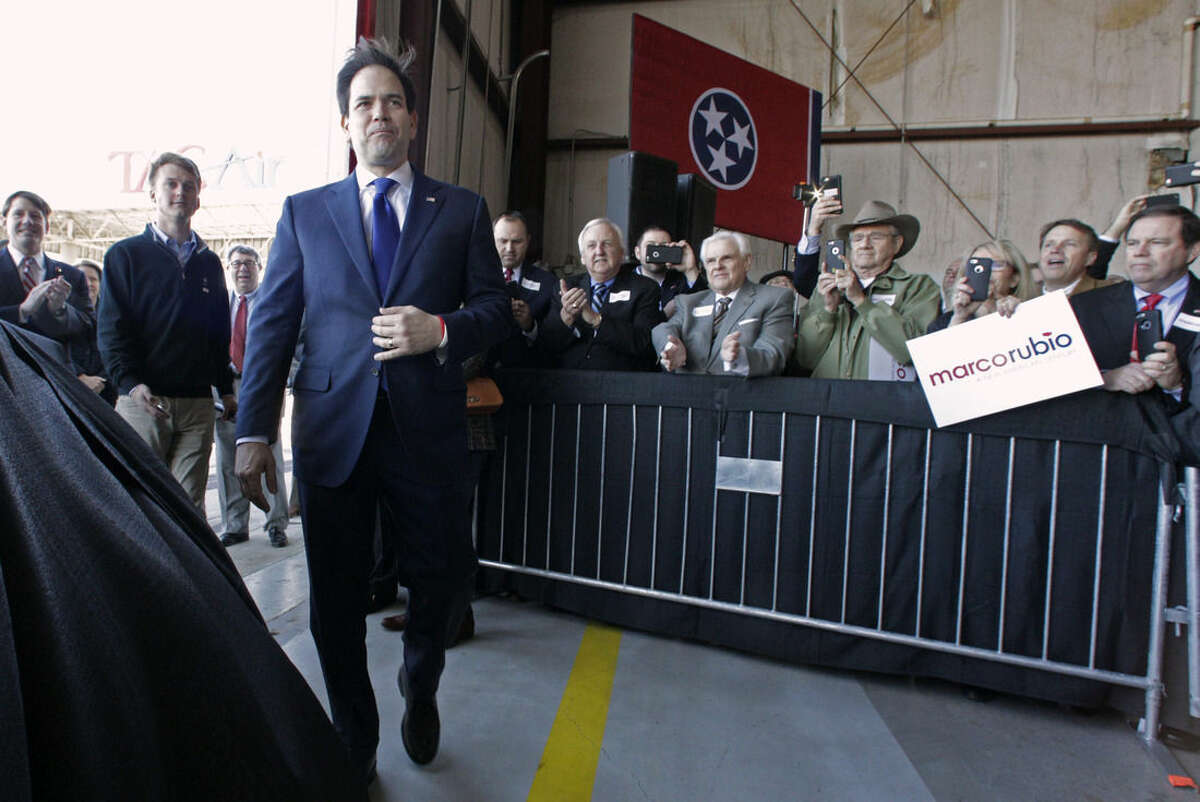 Republican presidential candidate, Sen. Marco Rubio, R-Fla. arrives to speak during a campaign stop, Monday, Feb. 29, 2016, in Knoxville, Tenn. (AP Photo/Wade Payne)