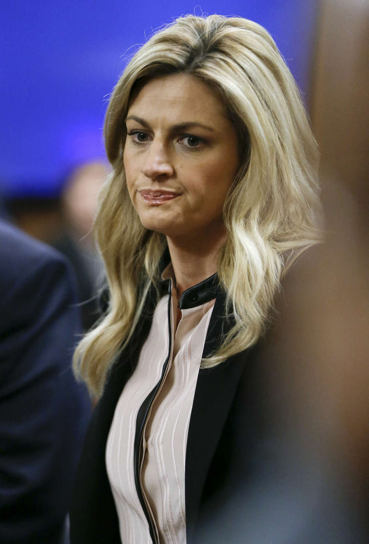 Sportscaster and television host Erin Andrews waits for the jury to enter the courtroom Friday, March 4, 2016, in Nashville, Tenn. Andrews has filed a $75 million lawsuit against the franchise owner and manager of a luxury hotel and a man who admitted to making secret nude recordings of her in 2008. (AP Photo/Mark Humphrey, Pool)