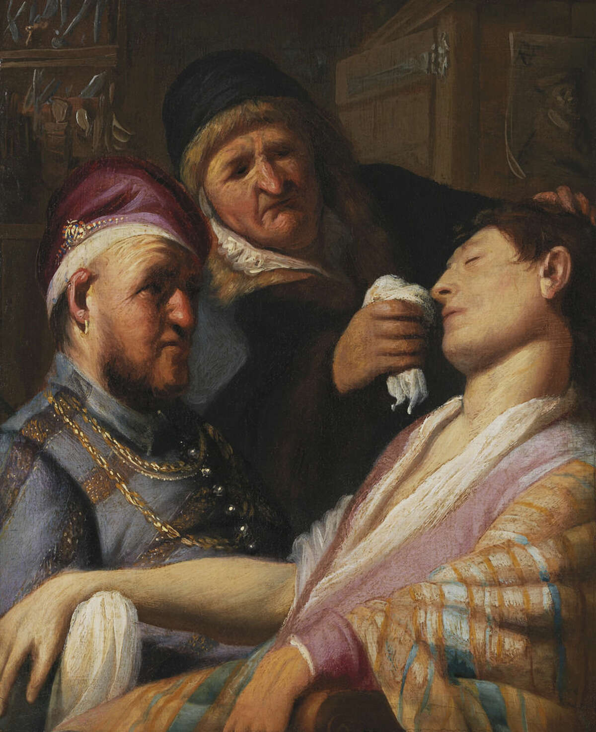 In this image released on Thursday March 10, 2016, by Galerie Talabardon & Gautier, the newly discovered painting by Dutch master Rembrandt titled The Unconscious Patient (Sense of Smell) dated at around 1624-25, oil on panel 21.6x17.8 cm, is seen. (Galerie Talabardon & Gautier via AP)