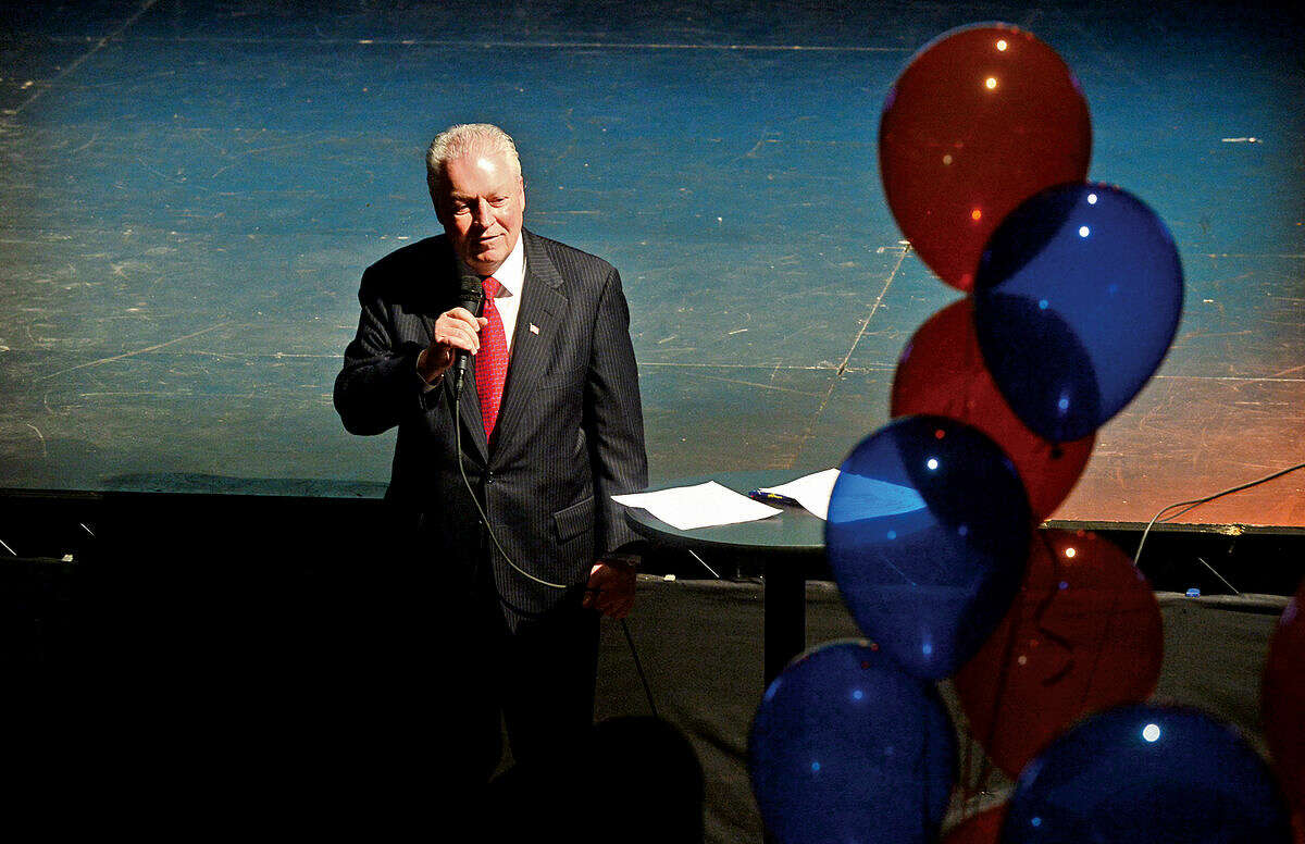 Hour photo / Erik Trautmann Fairfield mayor Mike Tetreau addresses the crowd during the launch party for Giving Day, a 24-hour fundraising event for Fairfield County nonprofits at The Warehouse at Fairfield Theatre Company Thursday morning.