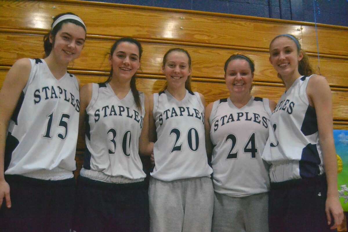 Staples’ seniors from left: Madeline Schemel, Sarah Mahoney, Tessa Mall, Maddie Fair and Abby Lustig helped lead the Wreckers back to the state tournament. (Hour photo/Pete Paguaga) 