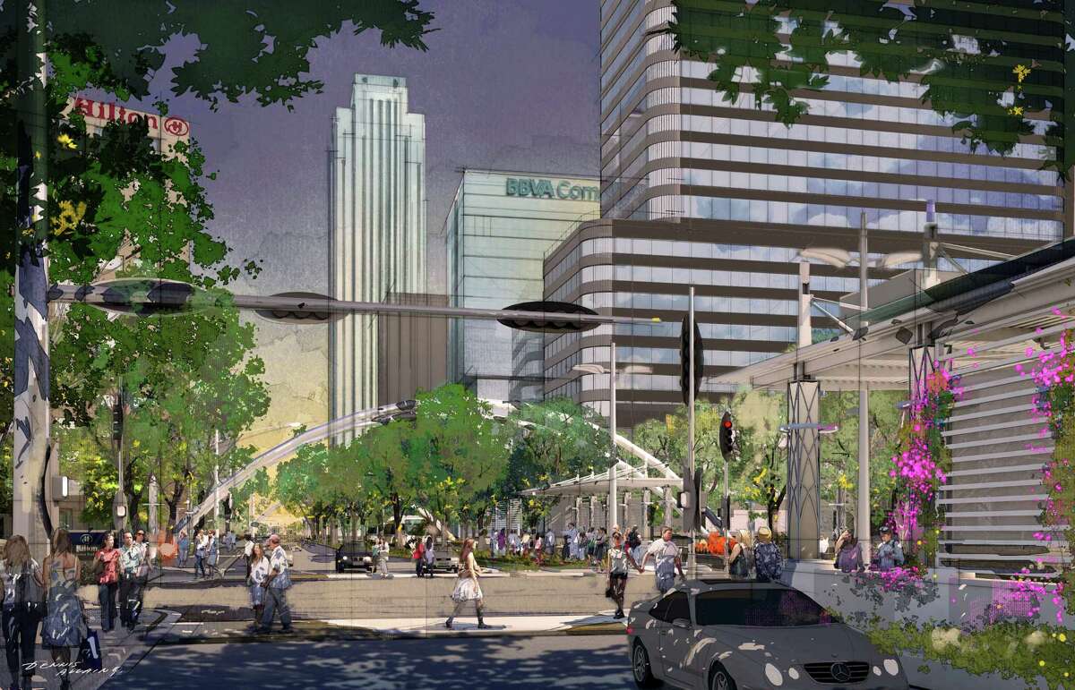 A rendering of Post Oak Boulevard as it will appear after the Uptown Dedicated Bus Lanes Project is completed in 2018. The project will replace the current median with north- and south-moving bus lanes and shelters, keeping six lanes of car traffic (3 on each side), with sidewalks expanded to 12 feet, new tower lighting fixtures and landscaping that will include 800 large new 'Cathedral' live oak trees to create a pedestrian-friendly atmosphere. The project is organized by the Uptown Houston Association, Harris County Improvement District I, the Uptown Houston TIRZ and the Uptown Development Authority.