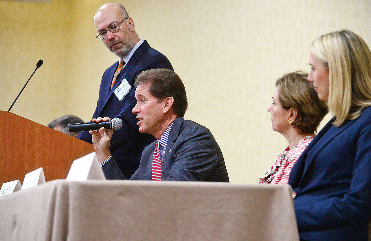 Hour photo / Erik Trautmann State Senator Scott Franz discusses the current state of Connecticut during Stamford’s legislative delegation annual breakfast Wednesday at the Stamford Sheraton Hotel. The annual breakfast is sponsored by the Stamford Chamber of Commerce.