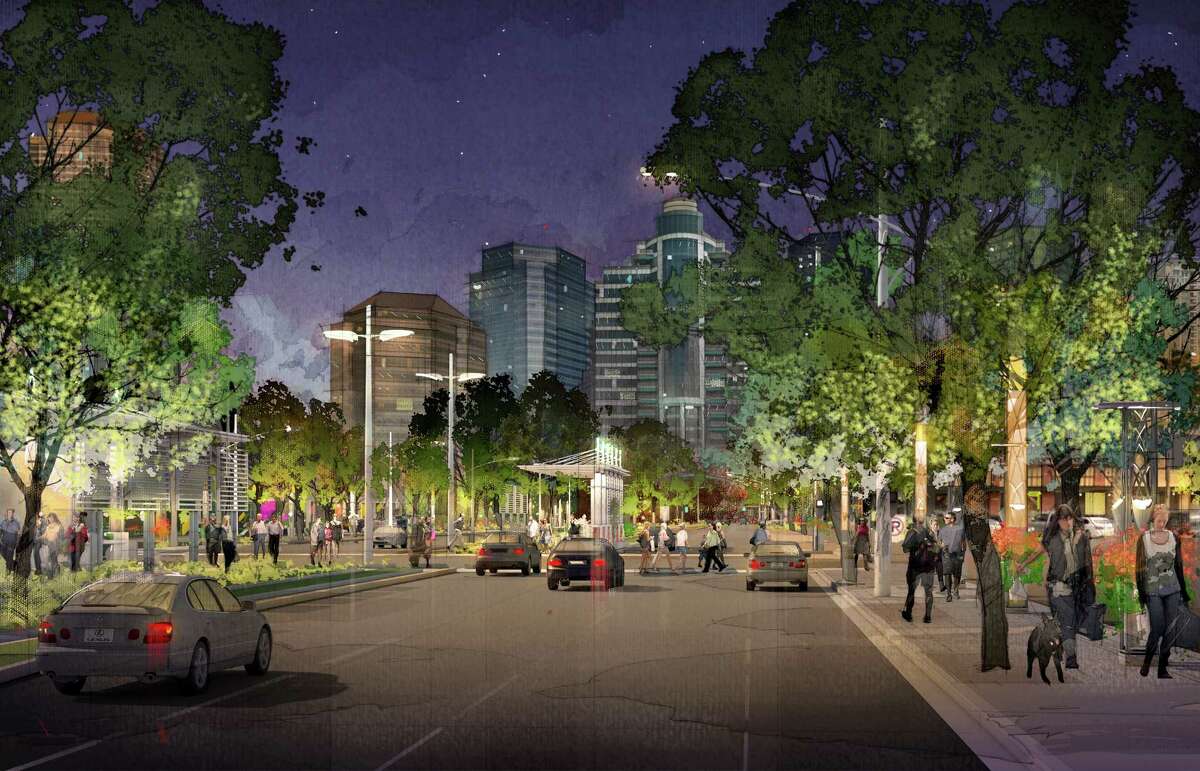 A rendering of Post Oak Boulevard as it will appear after the redevelopment project organized by the Uptown Houston Association, Harris County Improvement District I, the Uptown Houston TIRZ and the Uptown Development Authority. Eight hundred oak trees will be planted in the area and over time, it is hoped the trees will serve as a natural canopy.