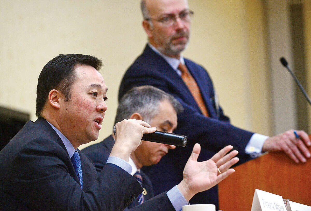 Hour photo / Erik Trautmann State Representative William Tong discusses the current state of Connecticut during Stamford’s legislative delegation annual breakfast Wednesday at the Stamford Sheraton Hotel. The annual breakfast is sponsored by the Stamford Chamber of Commerce.