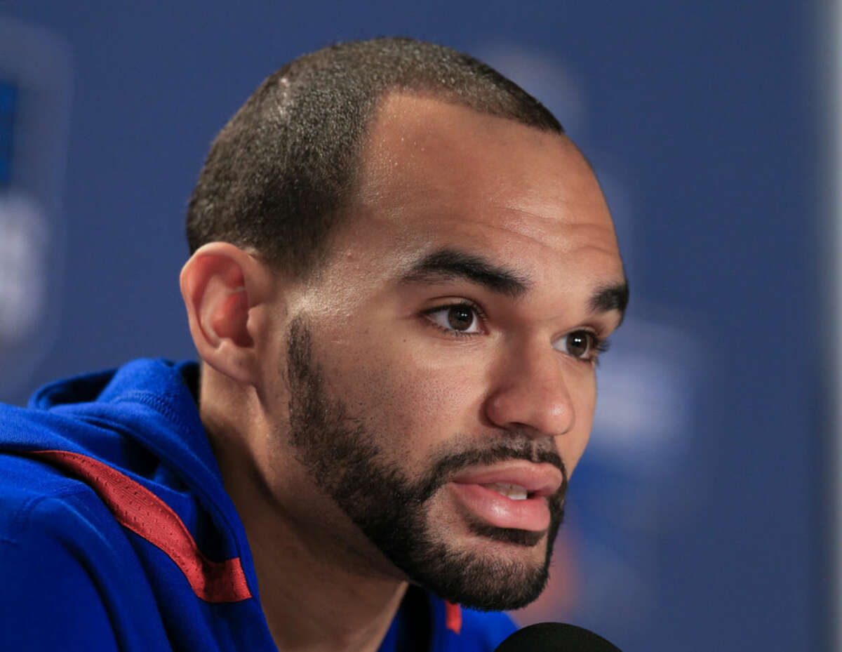 Kansas' Perry Ellis speaks during a news conference ahead of a second-round men's college basketball game in the NCAA Tournament in Des Moines, Iowa, Friday, March 18, 2016. Kansas plays Connecticut on Saturday. (AP Photo/Nati Harnik)