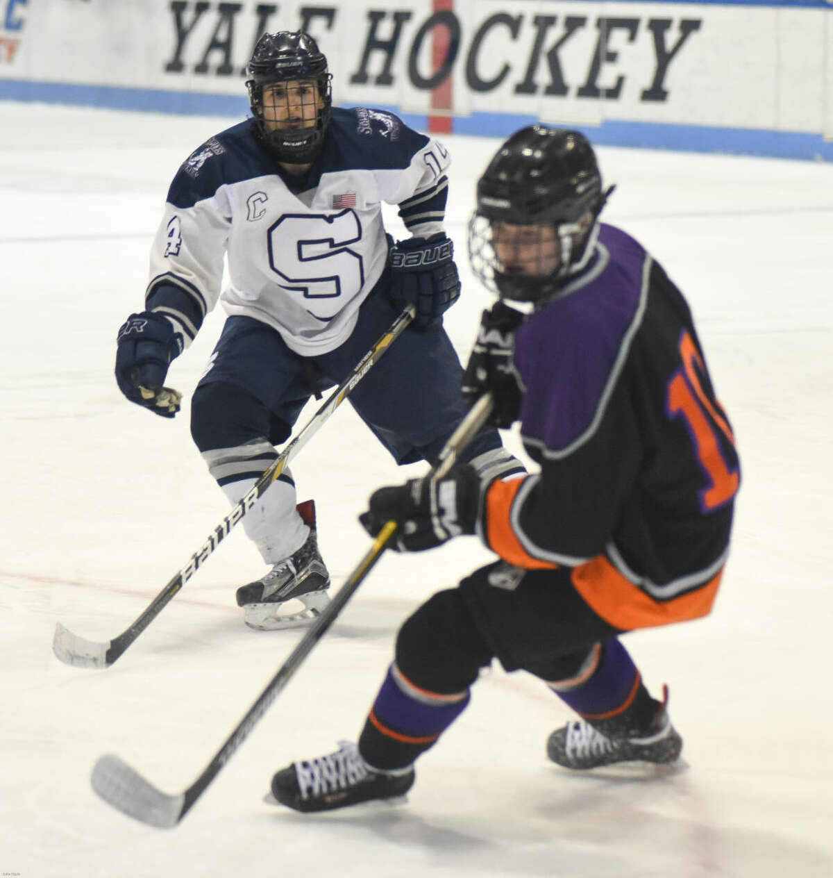 Hour photo/John Nash - The Westhill-Stamford co-op defeated Staples-Weston-Shelton by a 5-4 score on Saturday at Yale University's Ingalls Rink to win the CIAC Division 3 state championship.