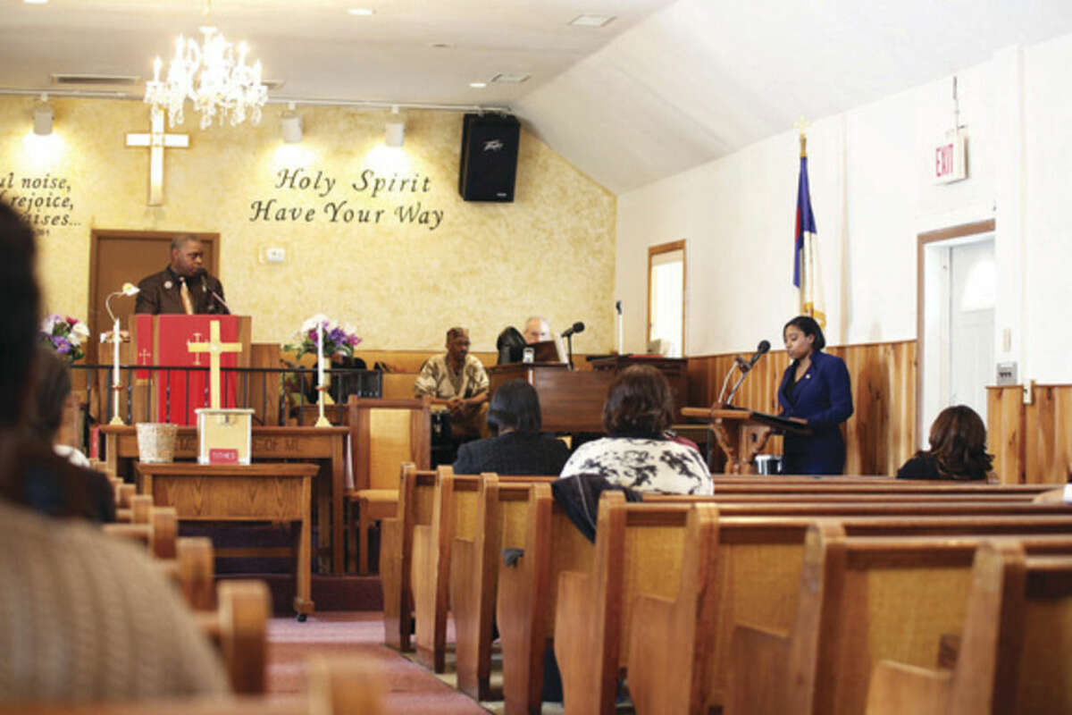 Councilwoman Phaedrel "Faye" Bowman, reads the Black History Proclimation on behalf of Mayor Harry Rilling, during St. James Church's Black History event Sunday afternoon. Hour Photo / Danielle Calloway