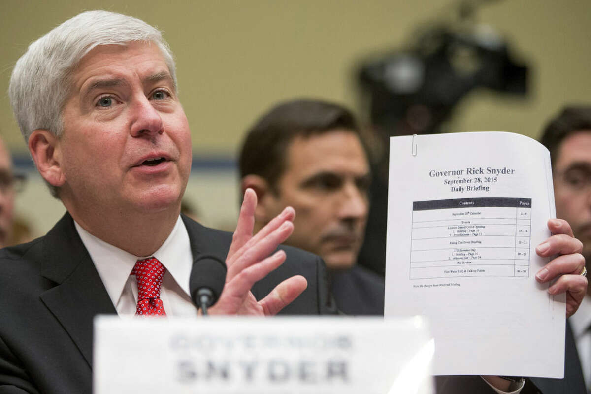 FILE - In this March 17, 2016, file photo, Michigan Gov. Rick Snyder testifies before a House Oversight and Government Reform Committee hearing in Washington, Thursday, March 17, 2016, to look into the circumstances surrounding high levels of lead found in many residents' tap water in Flint, Mich. t’s been two years since problems began with the drinking water in Flint, Michigan, and nearly six months since officials declared a public health emergency. Yet a bipartisan congressional effort to aid the predominantly African-American city is idling in the Senate. (AP Photo/Andrew Harnik, File)
