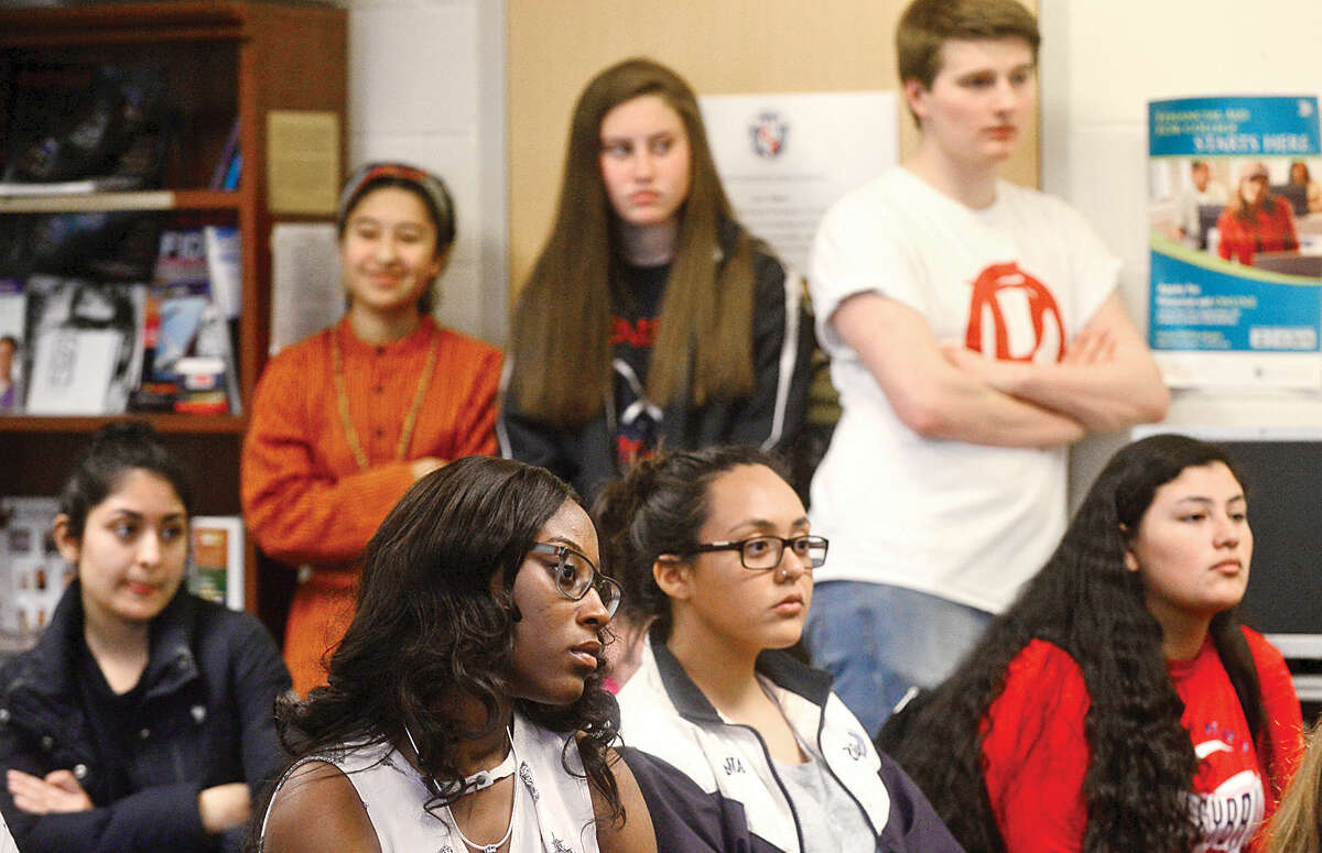 Hour photo / Erik Trautmann Members of the Brien McMahon High School Center for Youth Leadership listen to a press conference Wednesday designating the month of April as child abuse and sexual assault awareness month with guest speaker, Yvonne Zucco, Executive Director of The Center for Sexual Assualt Crisis Counseling and Education.