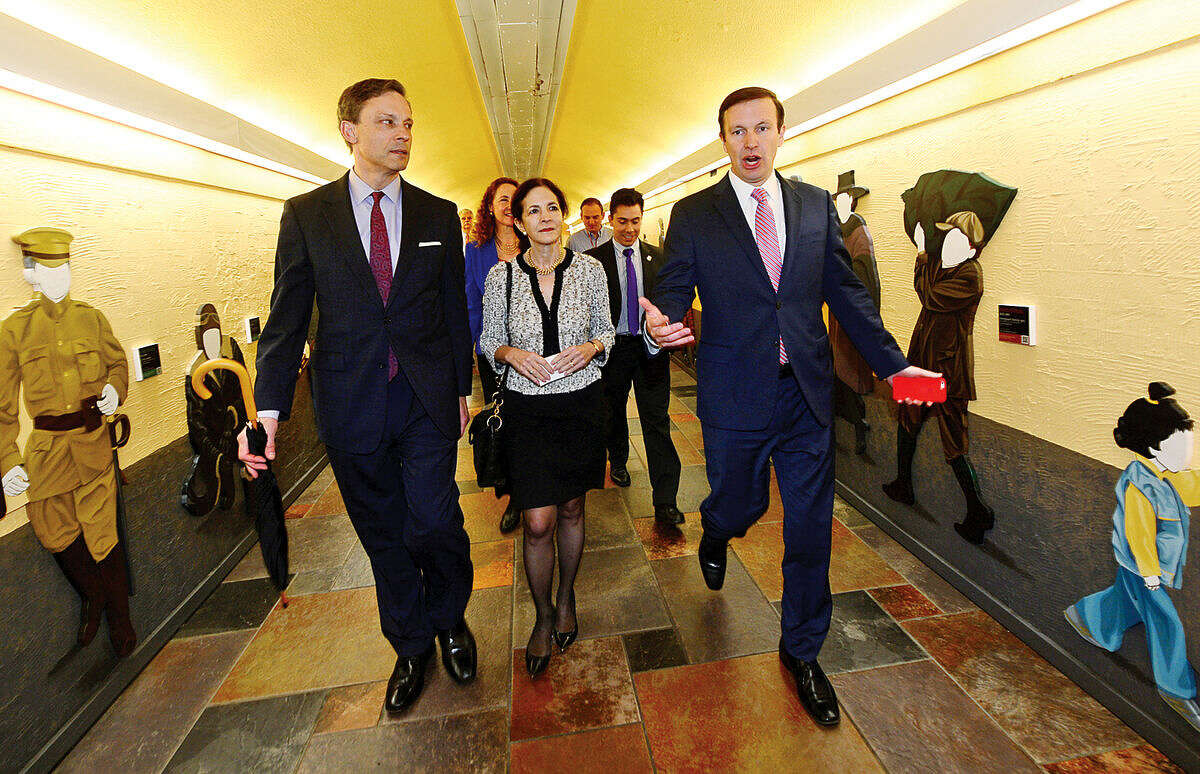 Hour photo / Erik Trautmann State Represenative Fred Wilms and Gail Lavielle walk with U.S. Senator Chris Murphy before a press conference at South Norwalk Train Station Friday as part of ‘Fed Up Campaign’ aimed at drawing attention to Connecticut’s poor transportation infrastructure.