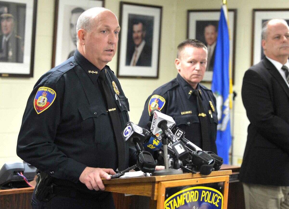 Hour Photo/Alex von Kleydorff Stamford Police Chief Jon Fontneau talks about arrests that have been made over the weekend during a press conference in connection to the murder of Antinio Muralles