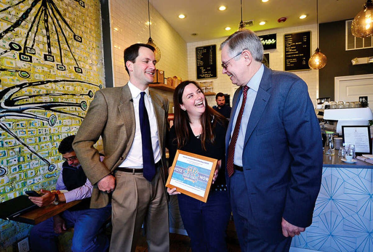 Hour photo / Erik Trautmann Congressman Jim Himes (CT-4) joins Stamford Mayor David Martin for a visit to Lorca, an artisan coffee shop run by Leyla Dam, an immigrant from Spain who opened her shop in January 2013.