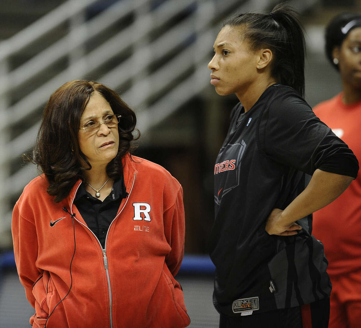 Rutgers head coach C. Vivian Stringer, left, stands with Betnijah Laney during practice for a women's college basketball NCAA tournament first round game, Friday, March 20, 2015, in Storrs, Conn. Rutgers plays Seton Hall on Saturday. (AP Photo/Jessica Hill)
