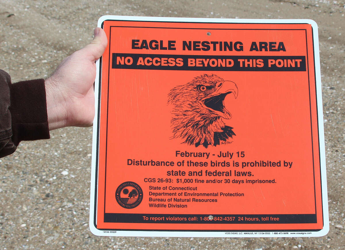 Hour photo/Chris Bosak Rick Potvin, manager of the Stewart B. McKinney NWR, holds a sign before it was posted on Chimon Island on Wednesday. The U.S. Fish & Wildlife officials were on the island to mark off areas to protect a bald eagle nest.