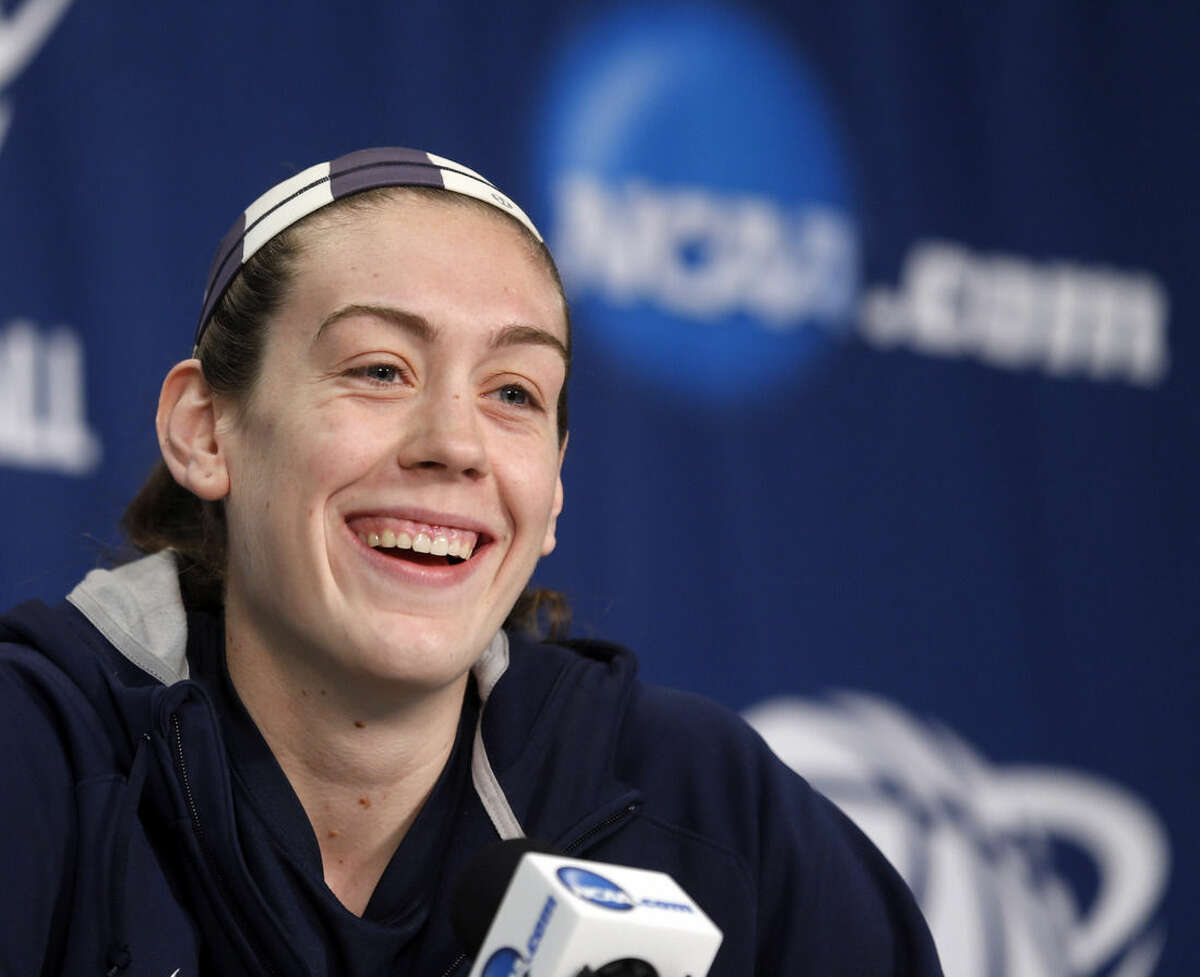 Connecticut's Breanna Stewart speaks during a news conference for a women's college basketball regional semifinal game in the NCAA Tournament on Friday, March 27, 2015, in Albany, N.Y. UConn plays Texas on Saturday. (AP Photo/Mike Groll)