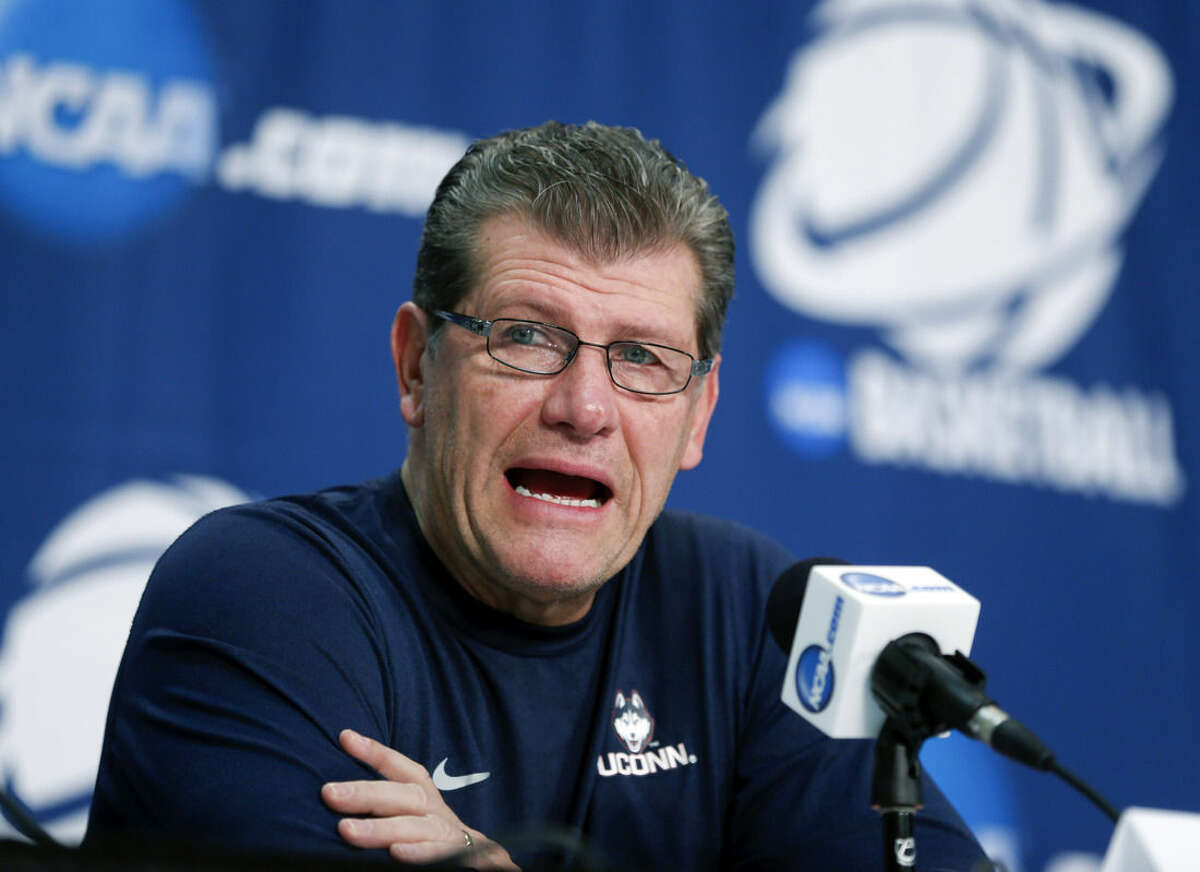 Connecticut head coach Geno Auriemma speaks a news conference for a college basketball regional semifinal game in the women's NCAA Tournament on Friday, March 27, 2015, in Albany, N.Y. UConn plays Texas on Saturday. (AP Photo/Mike Groll)
