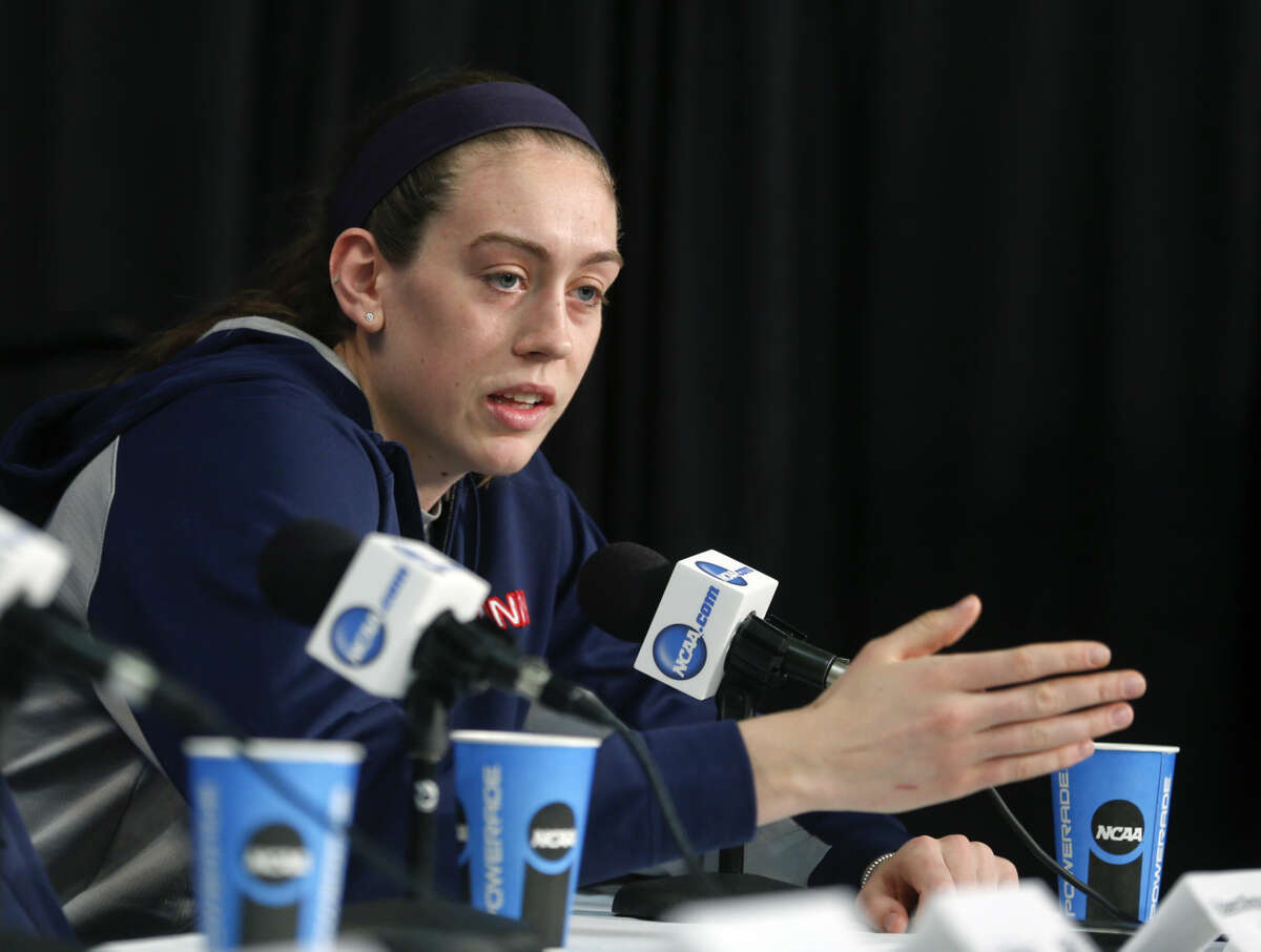 Connecticut's Breanna Stewart speaks during a news conference for a women's college basketball regional final game in the NCAA Tournament on Sunday, March 29, 2015, in Albany, N.Y. UConn plays Dayton on Monday. (AP Photo/Mike Groll)