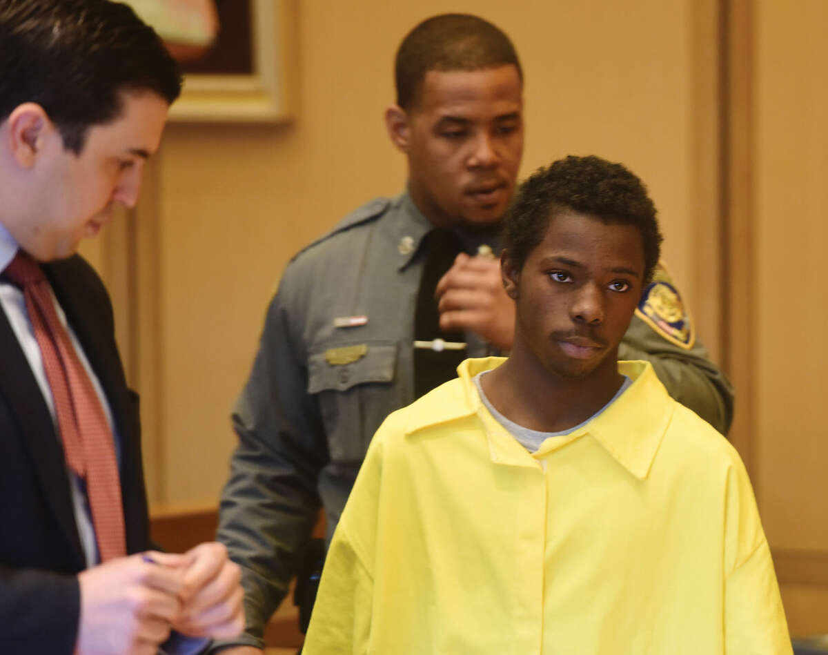 AP pool photo/Stamford Advocate/Tyler Sizemore Marquest Hall, 15, is arraigned at the Connecticut Superior Court in Stamford, Conn. Tuesday, March 31, 2015. Hall is being charged as an adult for the homicide of Antonio Muralles, who was stabbed outside a McDonald's on Bedford Street on March 11.