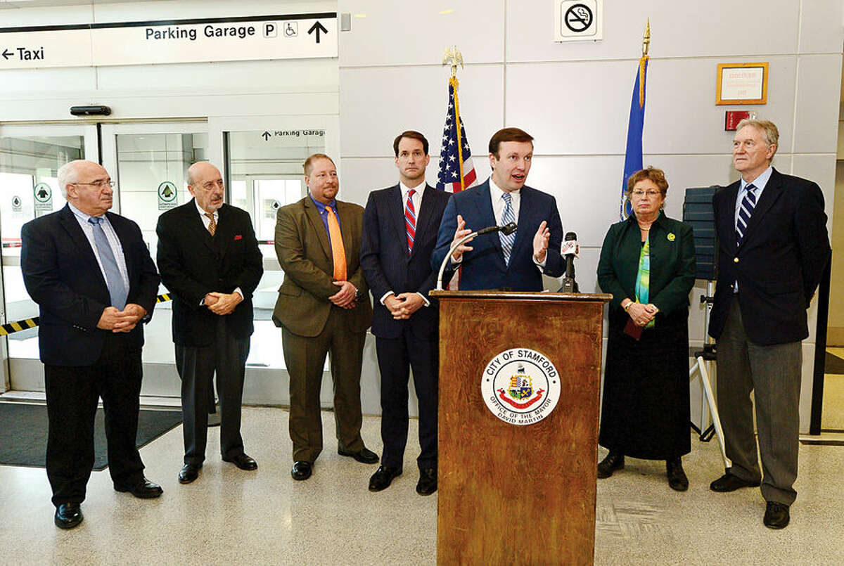 Hour photo / Erik Trautmann Senator Chris Murphy hosted a press conference regarding the Northeast Corridor Commuter and Intercity Rail Cost Allocation Policy. Congressman Jim Himes and Murphy will speak on the Commission’s plan to generate transportation funds for Connecticut and clarify Amtrak’s responsibilities for regional states.