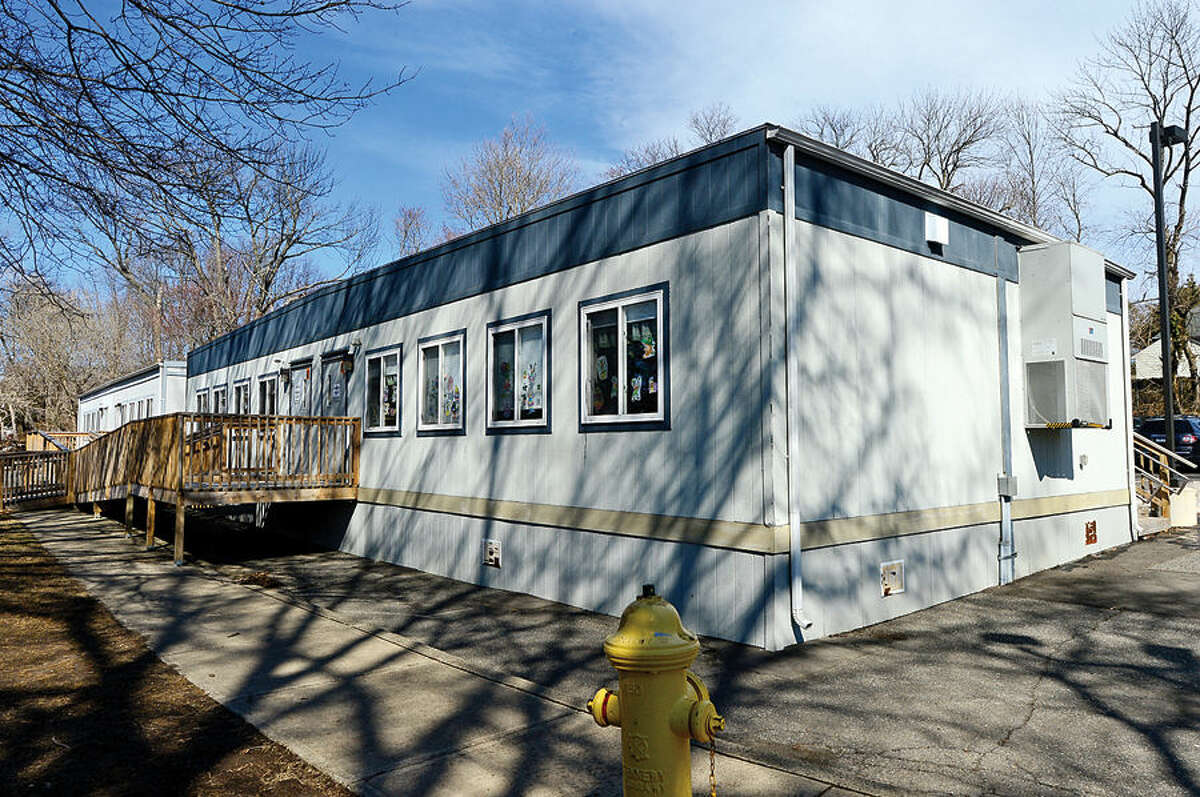 Hour photo / Erik Trautmann Portable classrooms that will be removed after major rennovations of Rowayton Elementary School are finished this fall.