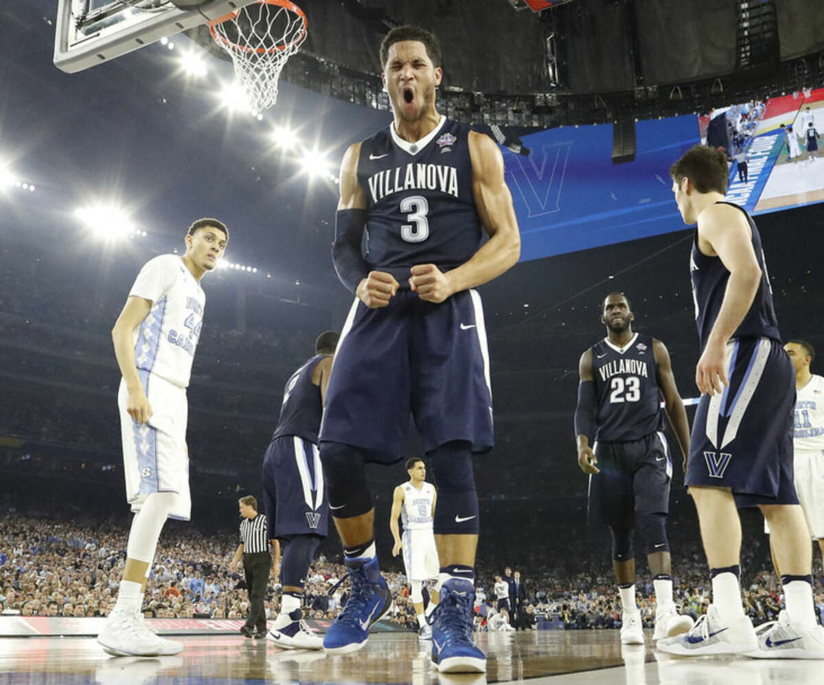 Villanova guard Josh Hart (3) reacts to play against North Carolina during the second half of the NCAA Final Four tournament college basketball championship game Monday, April 4, 2016, in Houston. (AP Photo/David J. Phillip)