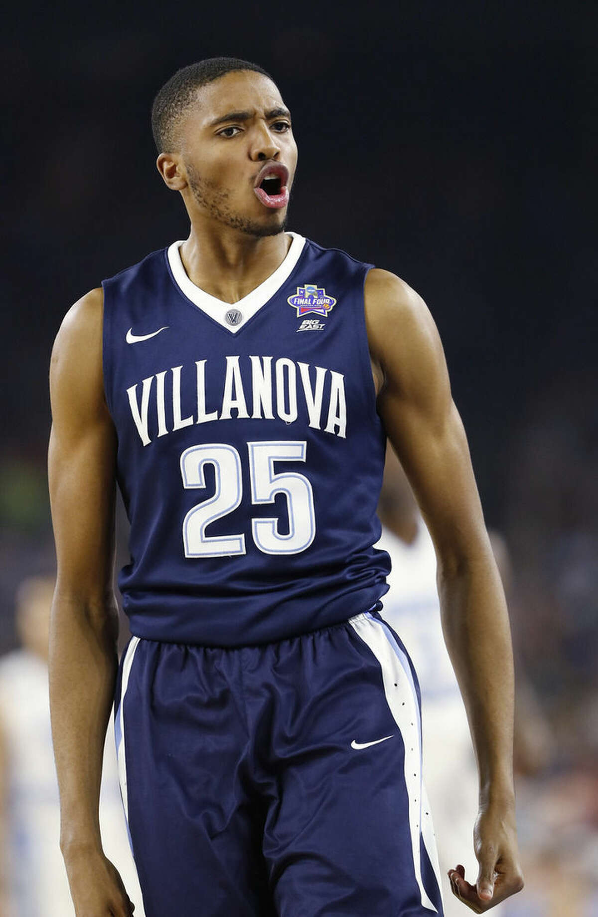 Villanova guard Mikal Bridges (25) reacts to play against North Carolina during the second half of the NCAA Final Four tournament college basketball championship game Monday, April 4, 2016, in Houston. (AP Photo/Eric Gay)