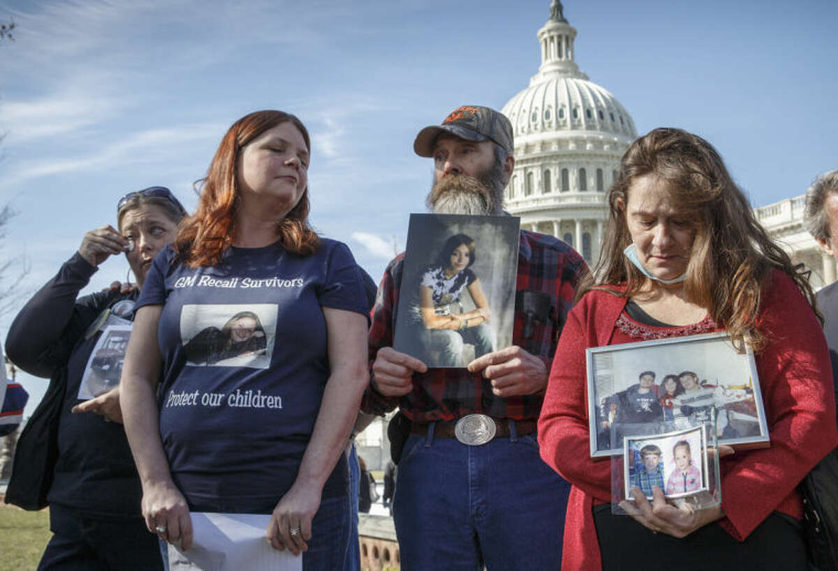 From left, Kim Langley, mother of Richard Scott Bailey, a U.S. Marine who died driving a 2007 Chevy Cobalt; Laura Christian, of Harwood, Md., birth mother of Amber Marie Rose, the first reported victim of the GM safety defect; Randal Rademaker, father of Amy Rademaker of St. Croix County, Wis., who died when her Chevy Cobalt crashed and her air bags did not deploy; and Mary Ruddy of Carbondale, Pa., whose daughter Kelly, 21, was killed in 2010 while driving a 2005 Cobalt, gather on Capitol Hill in Washington, Tuesday, April 1, 2014,for a news conference. The House Energy and Commerce Subcommittee on Oversight and Investigations will look for answers today from GM CEO Mary Barra about a faulty ignition switch and mishandled recall of 2.6 million cars that?’s been linked to 13 deaths and dozens of crashes. (AP Photo/J. Scott Applewhite)