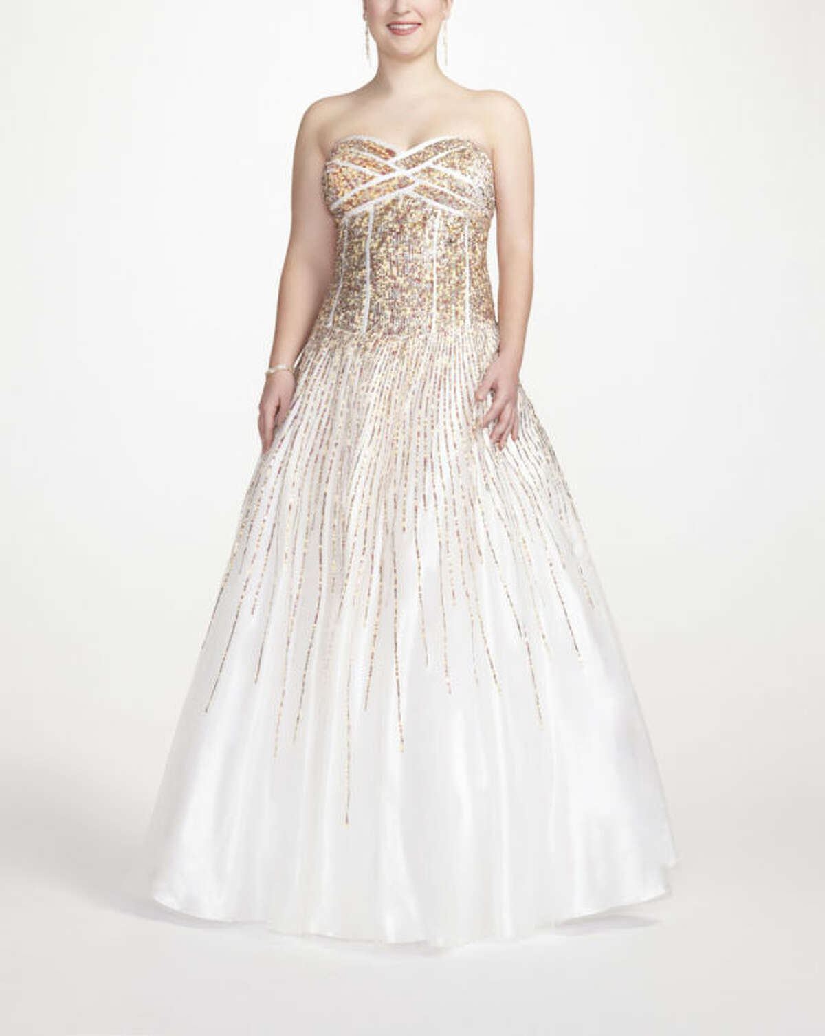 This undated image released by David's Bridal shows a popular prom gown design offered at David's Bridal. Clothes shopping for plus-size teens can be frustrating in general, but shopping for a dream prom dress can be a tear-inducing, hair-pulling morass of bad design and few options _ especially for girls who want a dress that hugs the body instead of tenting it. (AP Photo/David's Bridal)