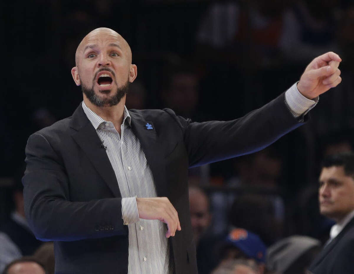Brooklyn Nets head coach Jason Kidd calls out to his team during the first half of an NBA basketball game against the New York Knicks Wednesday, April 2, 2014, in New York. (AP Photo/Frank Franklin II)