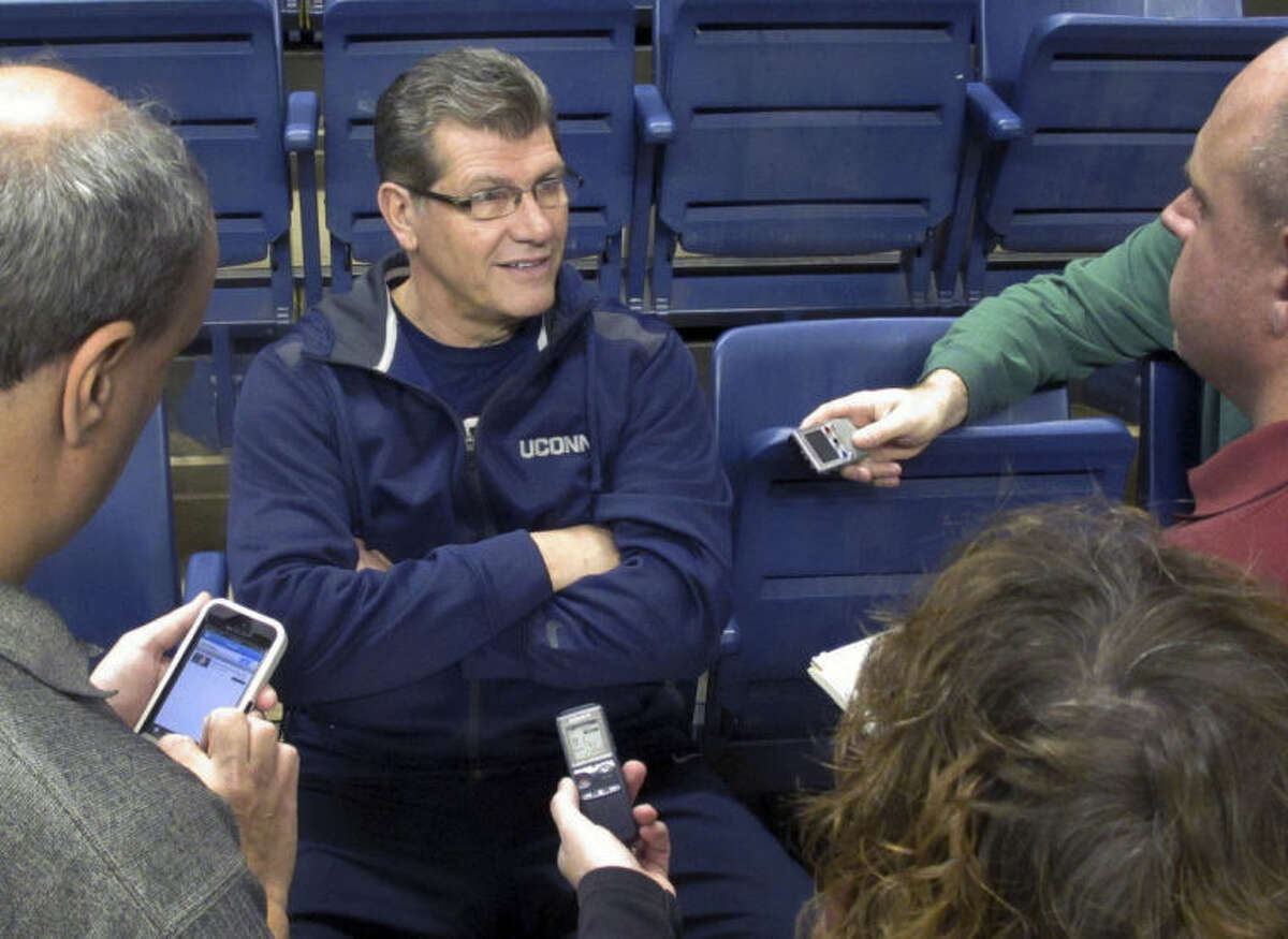 Connecticut women's basketball coach Geno Auriemma answers a reporter's question Thursday, April 3, 2012 in Storrs, Conn., after the team's final practice before leaving for the NCAA Women's Final Four in Nashville. (AP Photo/Pat Eaton-Robb)
