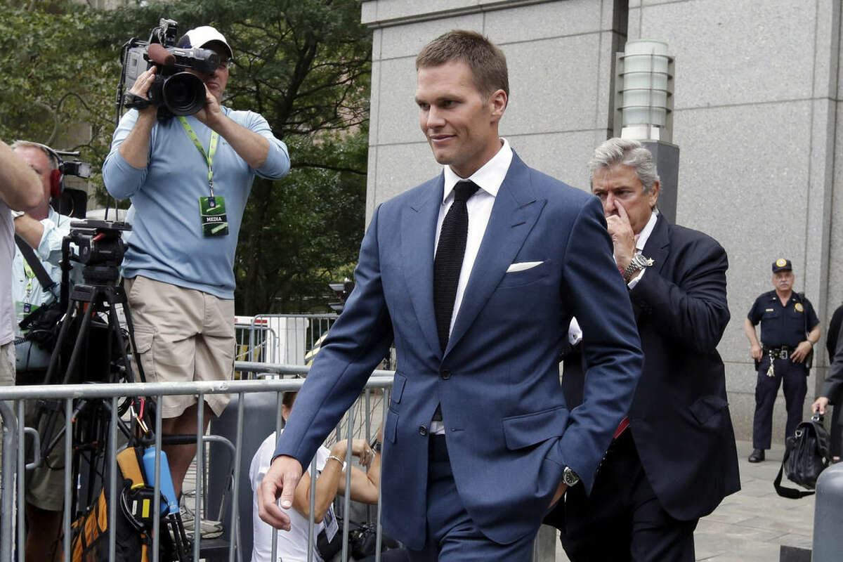 FILE - In this Monday, Aug. 31, 2015, file photo, New England Patriots quarterback Tom Brady leaves federal court, in New York. Lawyers who want Brady to put “Deflategate” behind him for good are ready to make their pitch to a New York appeals court. NFL lawyers are asking the 2nd U.S. Circuit Court of Appeals in Manhattan on Thursday, March 3, 2016, to reinstate Brady’s four-game suspension. (AP Photo/Richard Drew, File)